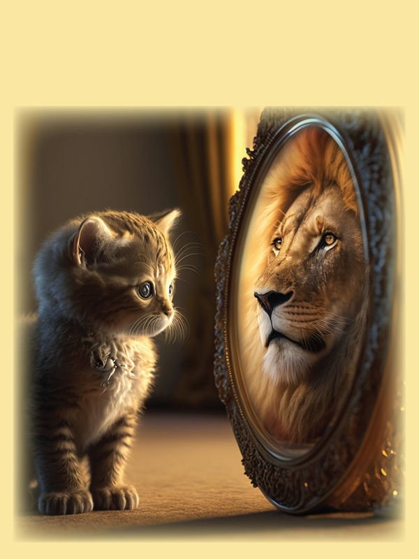 Bookmark with the Christian D. Larson quotation, a kitten and a lion in a mirror, and the 27 Faith Creations logo.